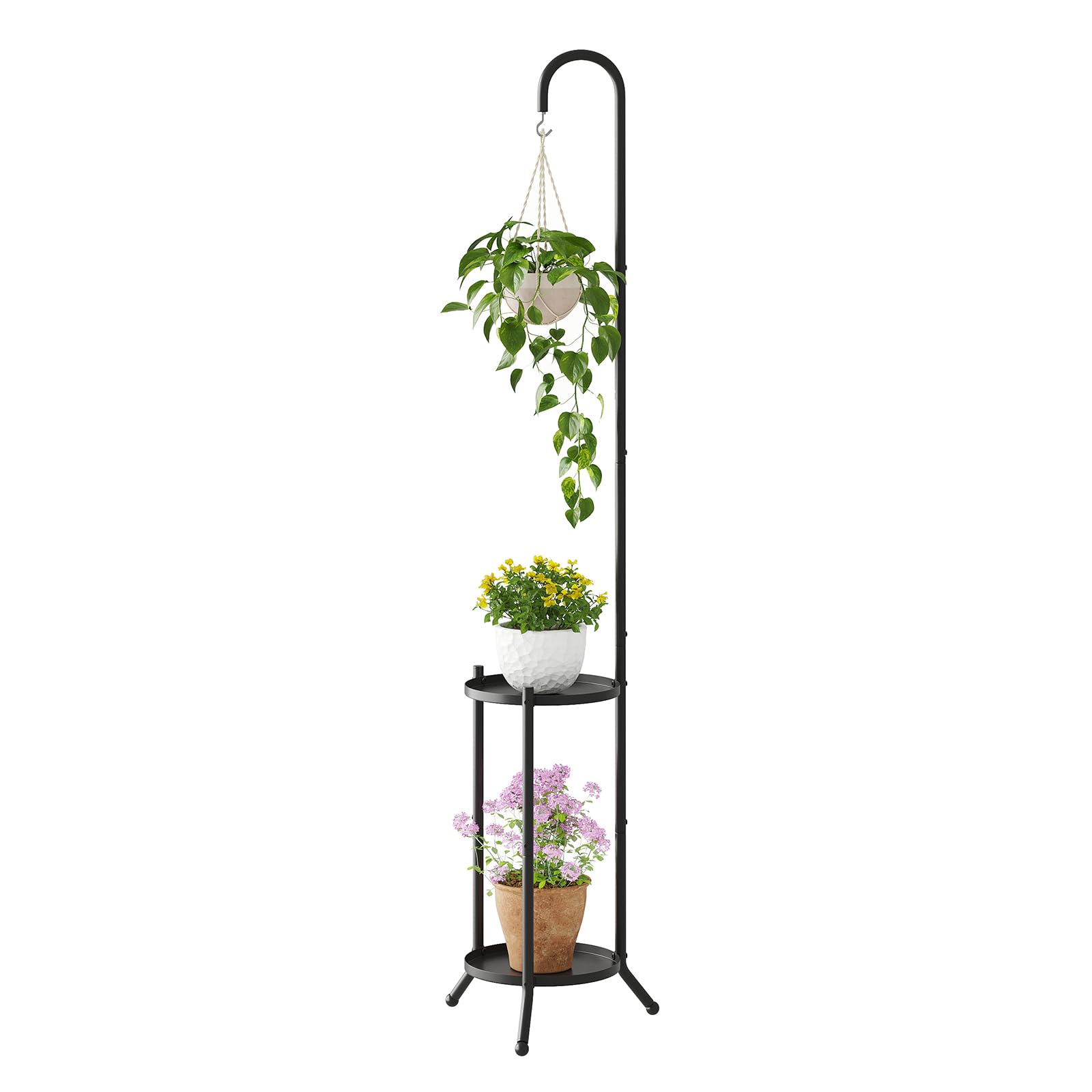Wieghda front view of black 2-tier plant stand showing neat vertical display benefit
