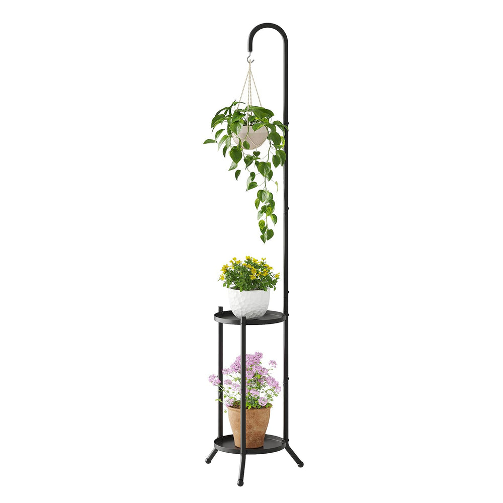 Wieghda front view of black 2-tier plant stand showing neat vertical display benefit