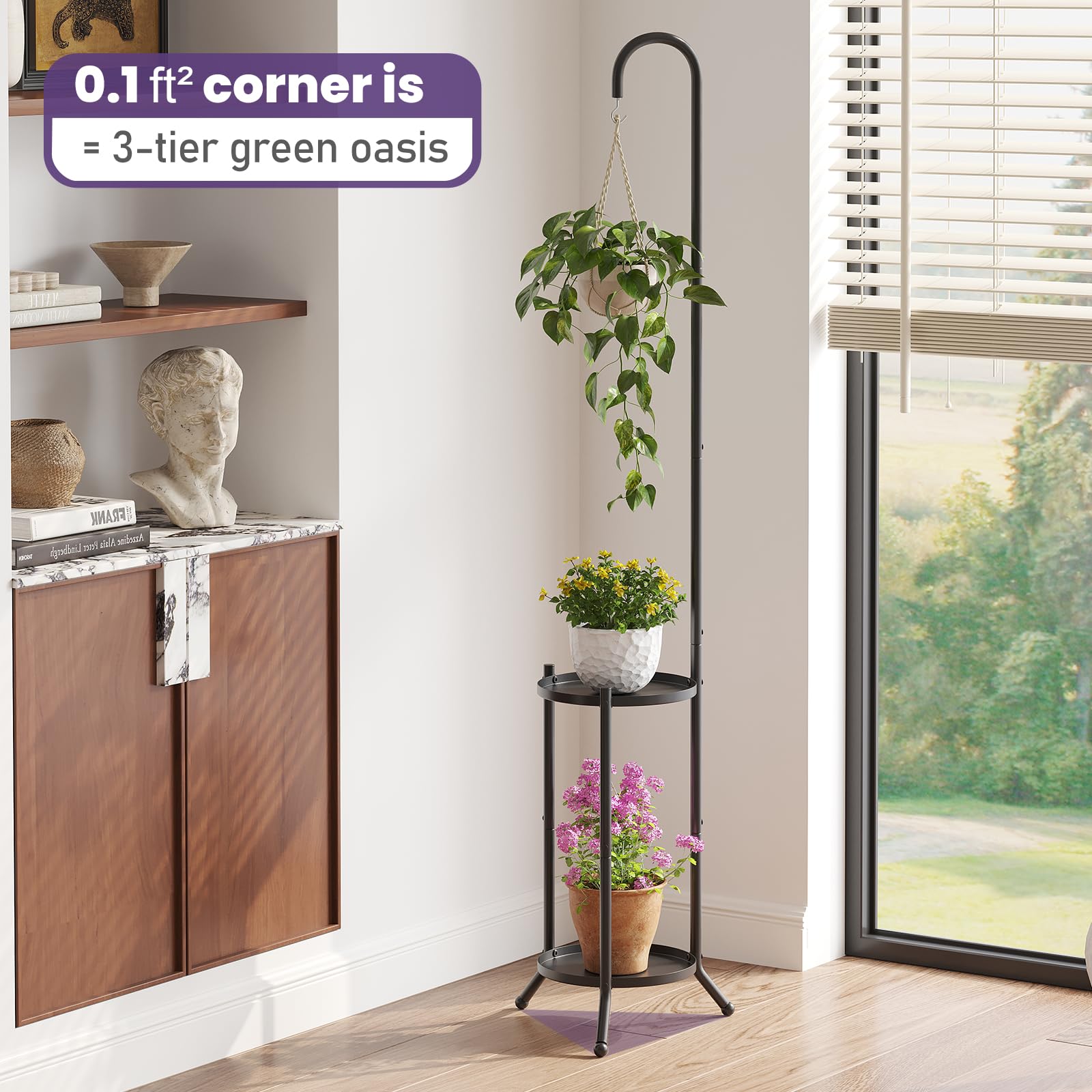 Wieghda two-tier stand holding multiple pots showing optimized space benefit