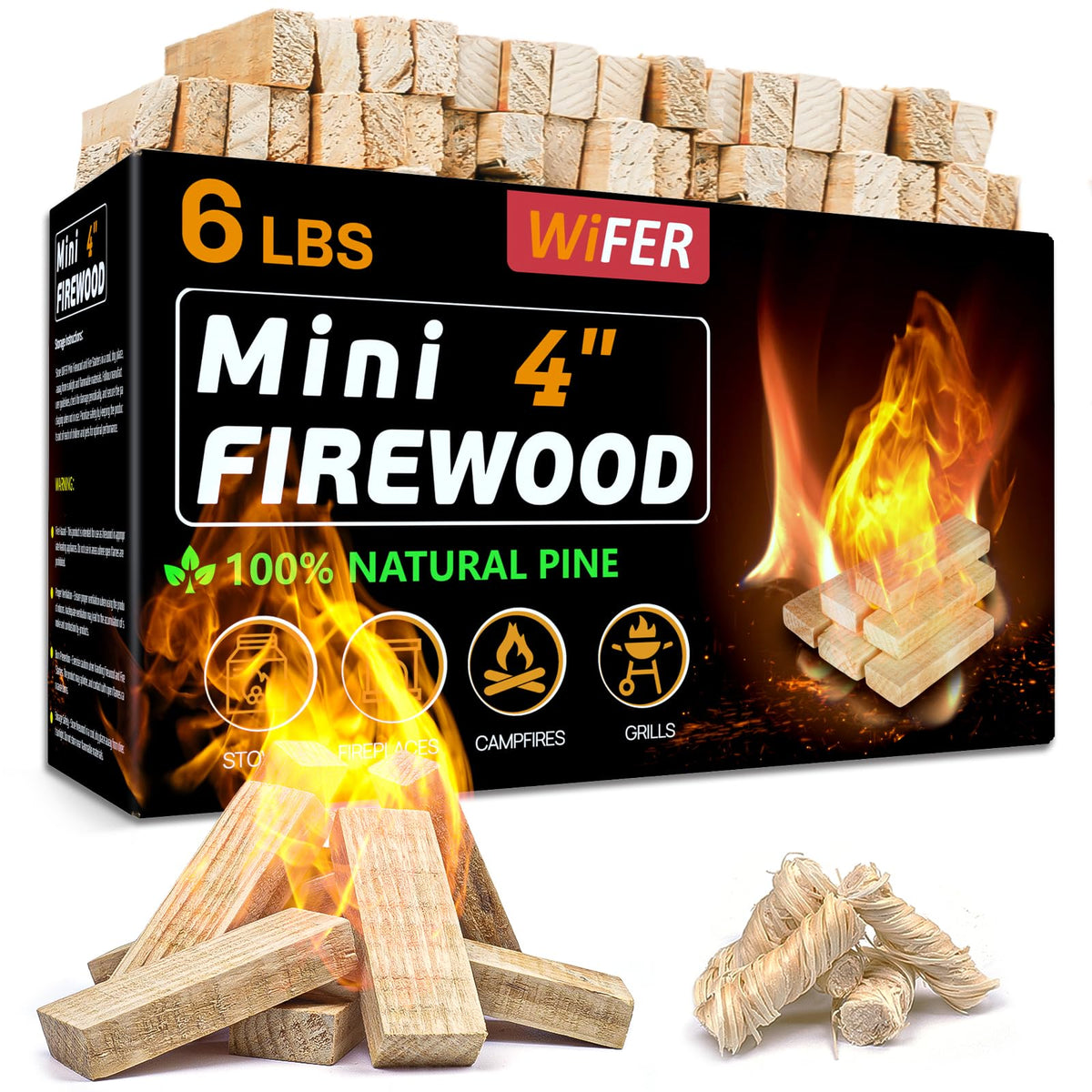 WIFER box front packaging showing compact kiln-dried pine sticks for convenience