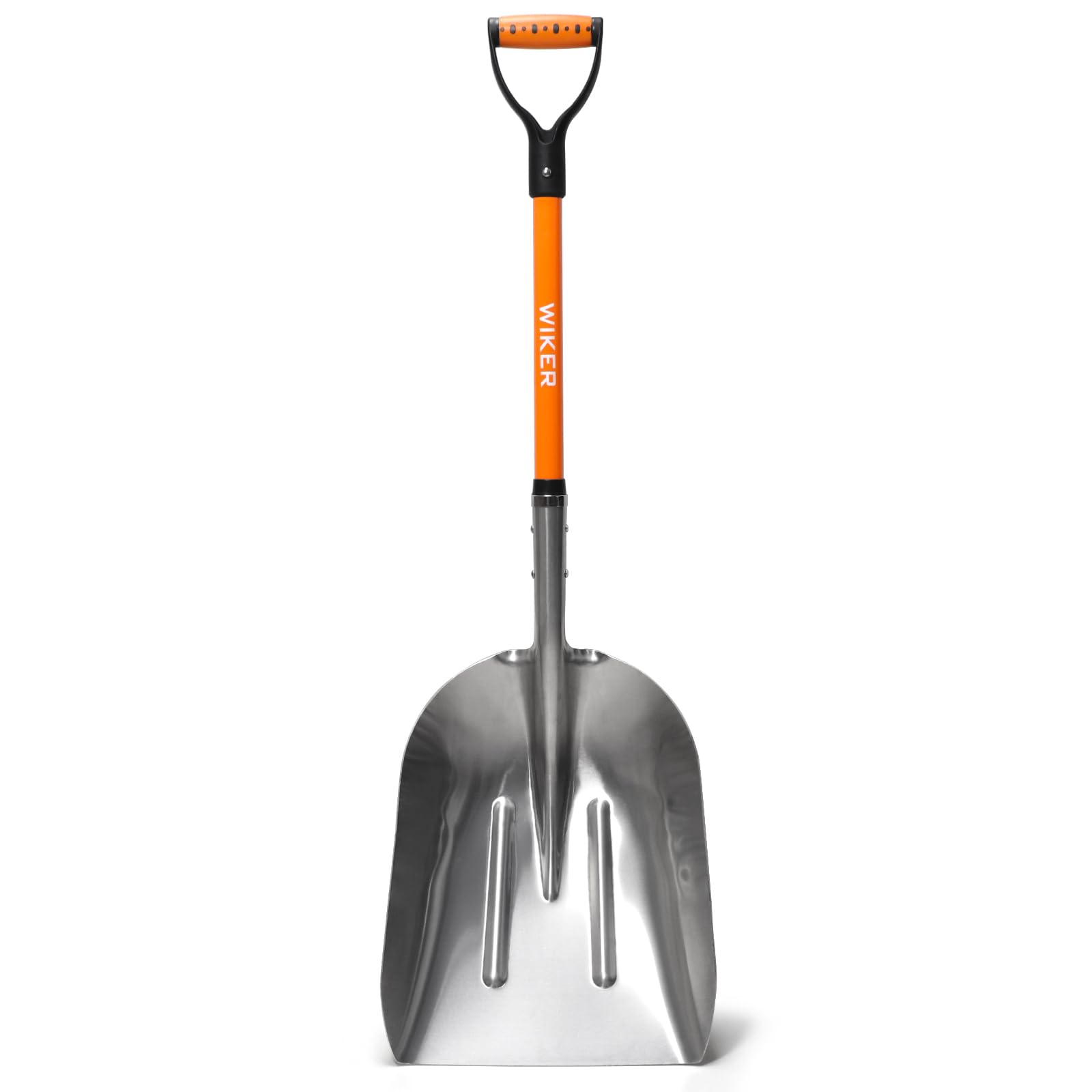 WIKER front view of aluminum shovel showing large scoop and profile, durable utility