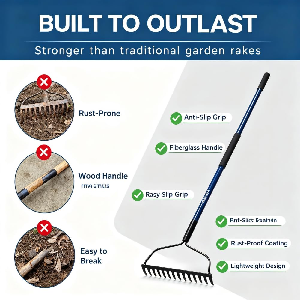 WIKER full rake in garden demonstrating upright design and reach benefit