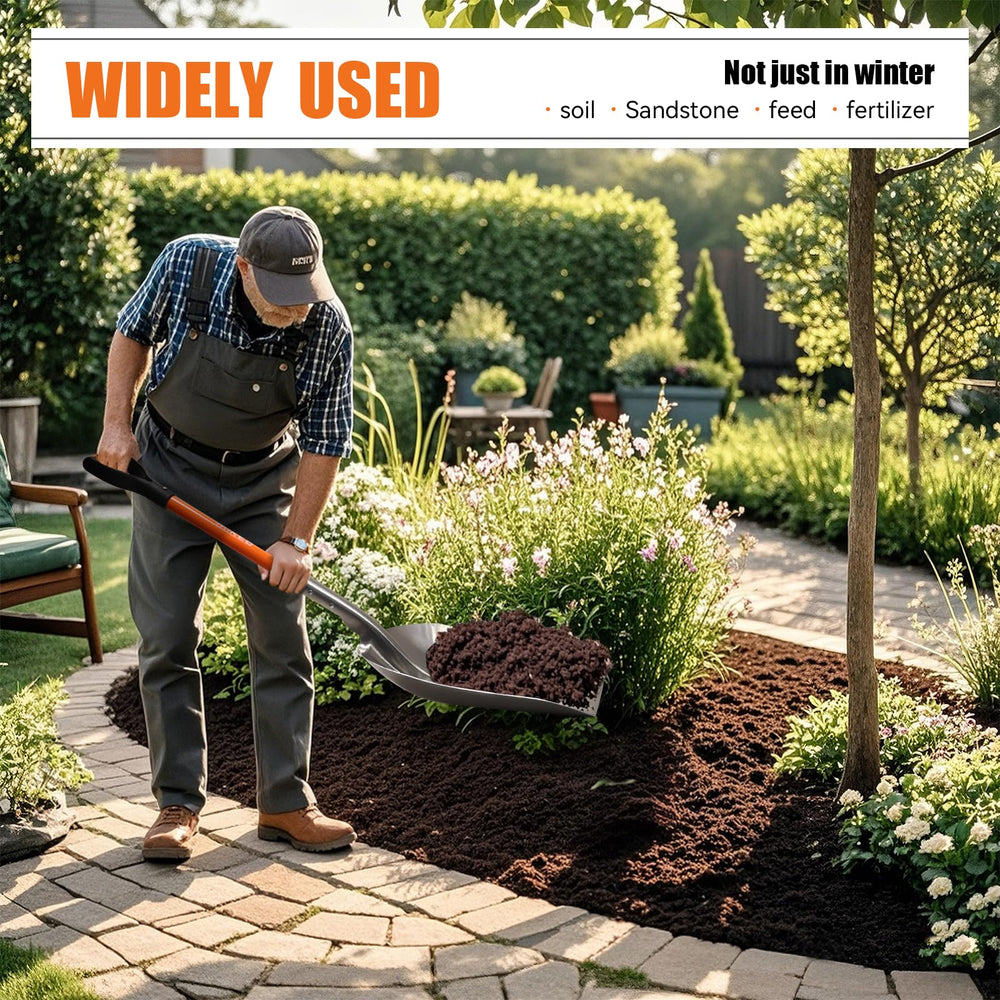 WIKER shovel scooping mulch in yard demonstrating versatility for garden tasks