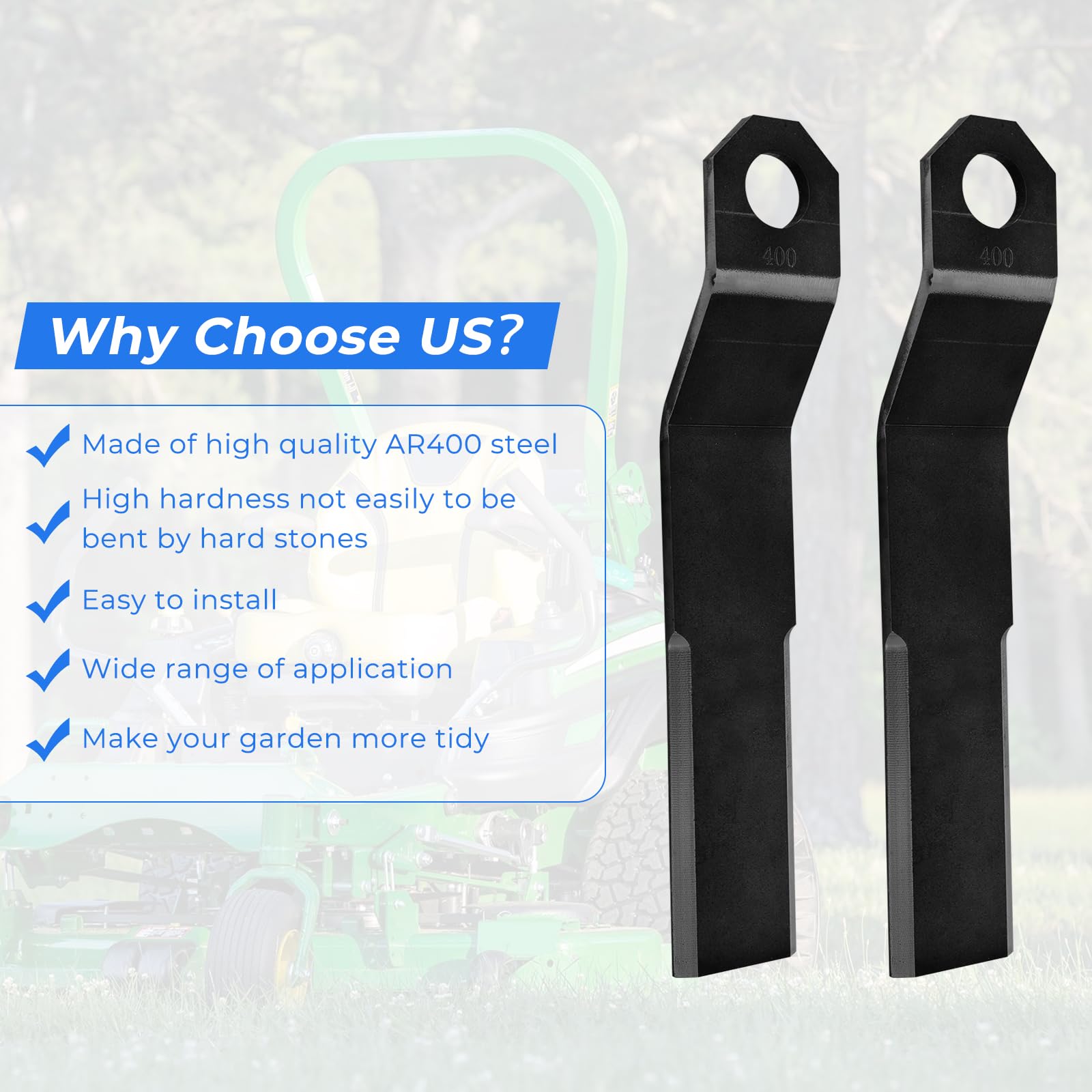 WIKIBB blades cutting tall grass in a field showcasing durable mulching capability