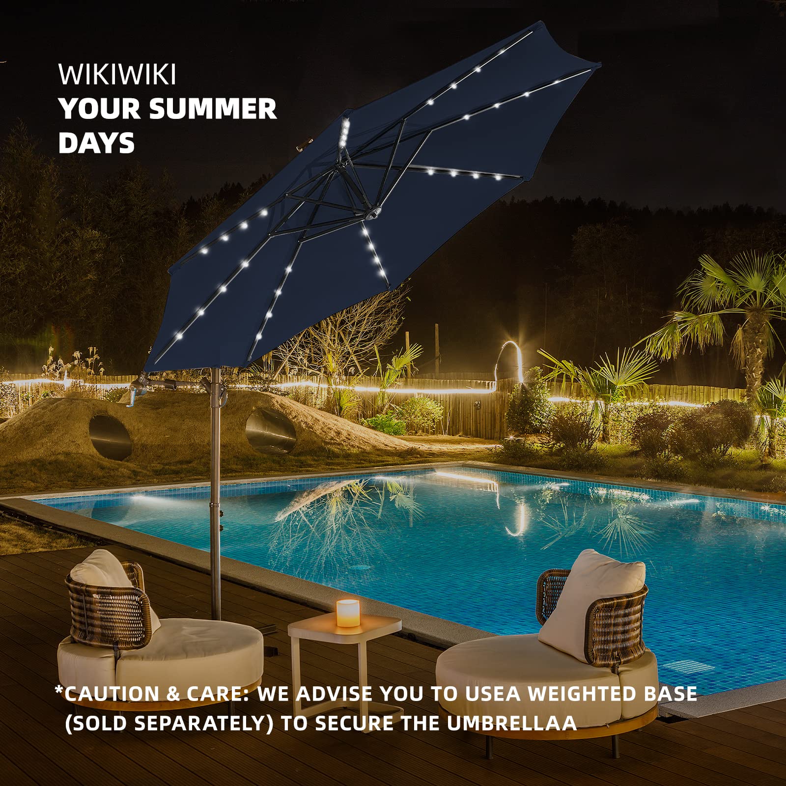 wikiwiki umbrella in use by poolside with chairs, provides wide shaded lounge area