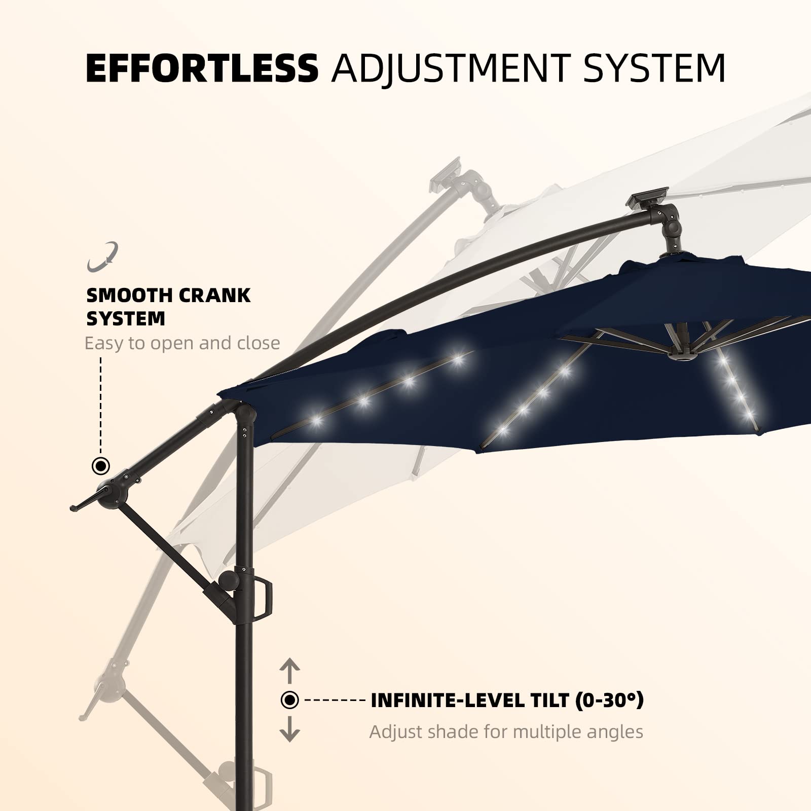 wikiwiki umbrella LED lights glowing at night under canopy, creates warm ambient backyard atmosphere