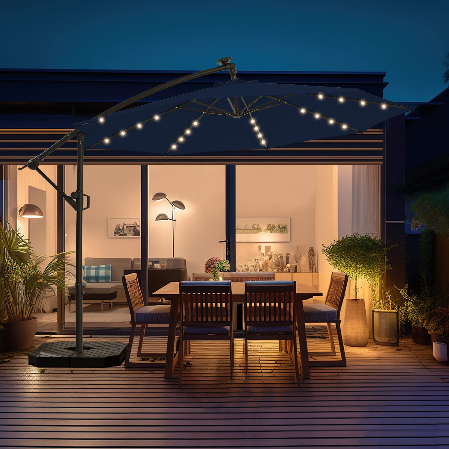 wikiwiki umbrella size comparison with outdoor table and chairs, demonstrates 10ft coverage