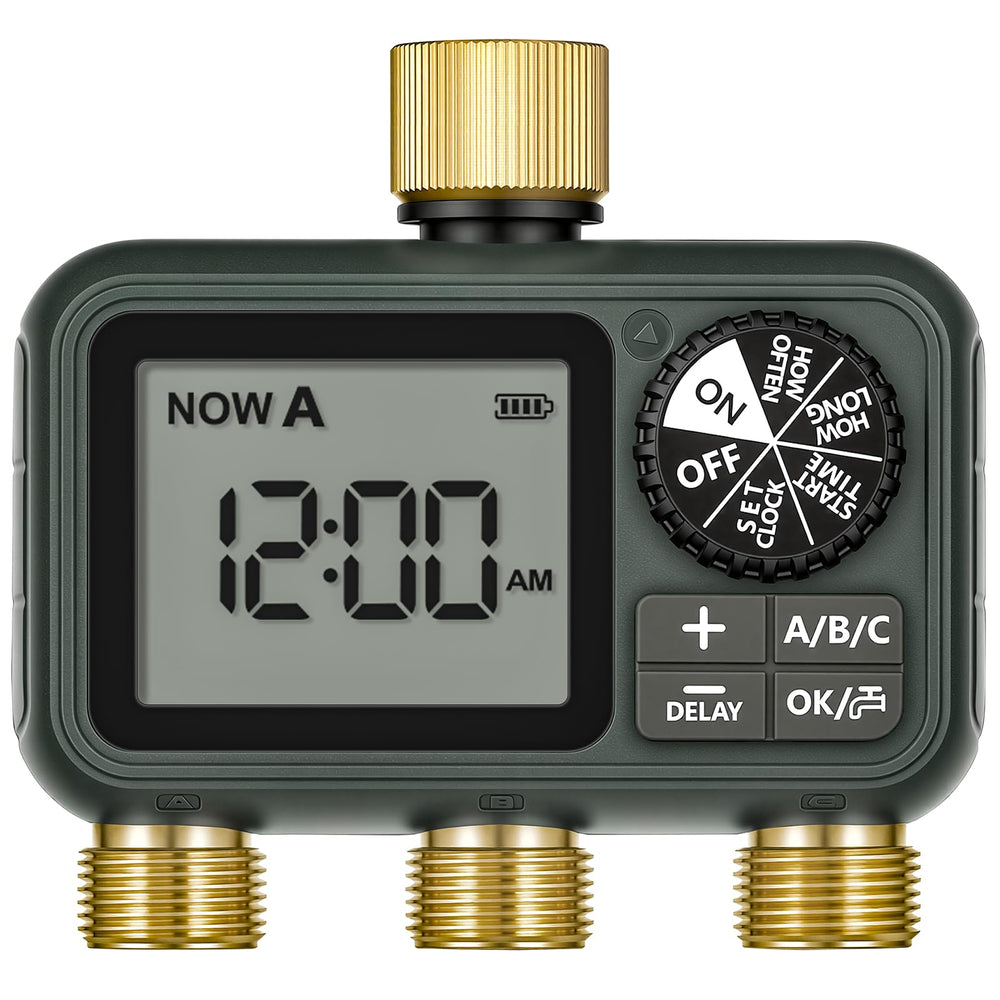 WILAWELS front view brass timer showing controls and benefits of durable outdoor automation