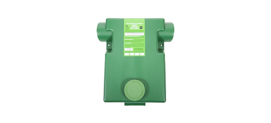 WILCO bait station front view showing durable green plastic and secure lid benefit containment