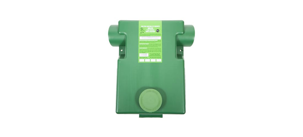 WILCO bait station front view showing durable green plastic and secure lid benefit containment