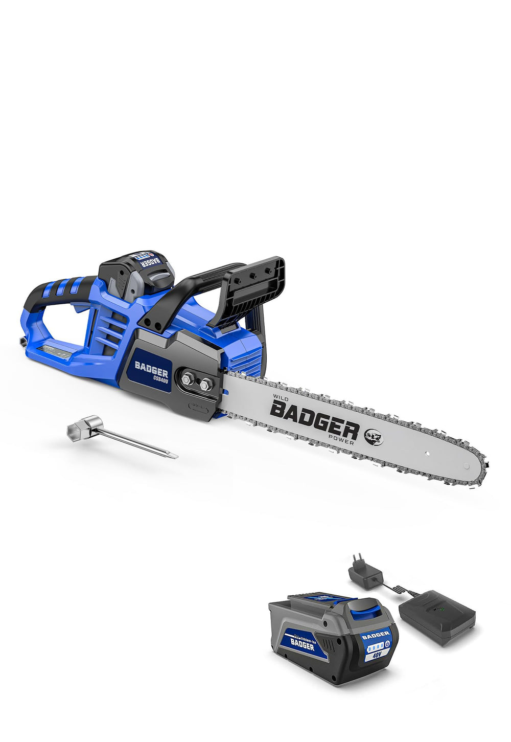 Wild Badger Power front view of chainsaw showing compact design and features