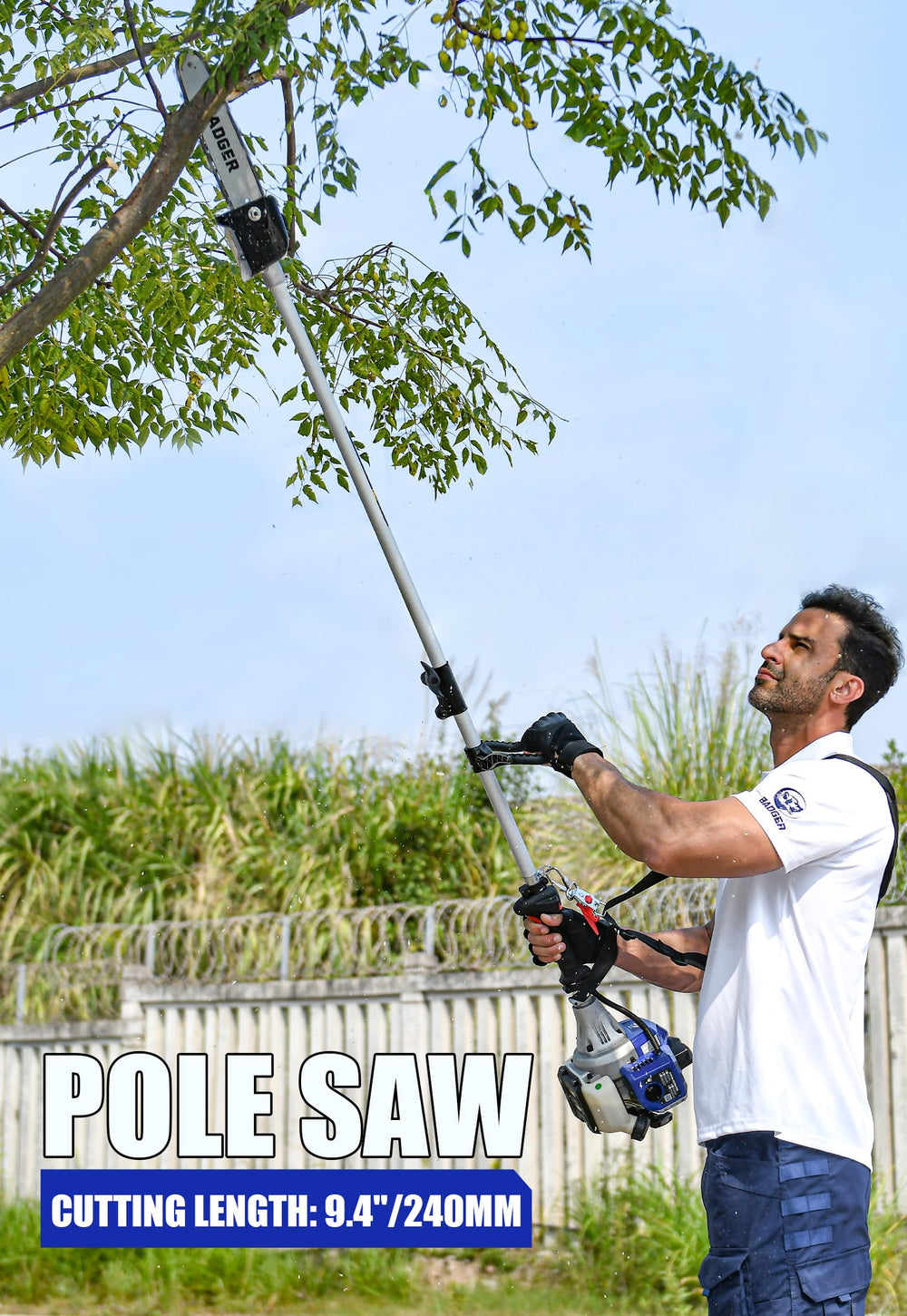 Wild Badger Power pole saw cutting small branch, safer elevated pruning benefit