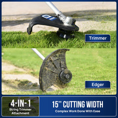 Wild Badger Power attachments array laid out to show trimmer, hedge, pole saw, brush cutter versatility