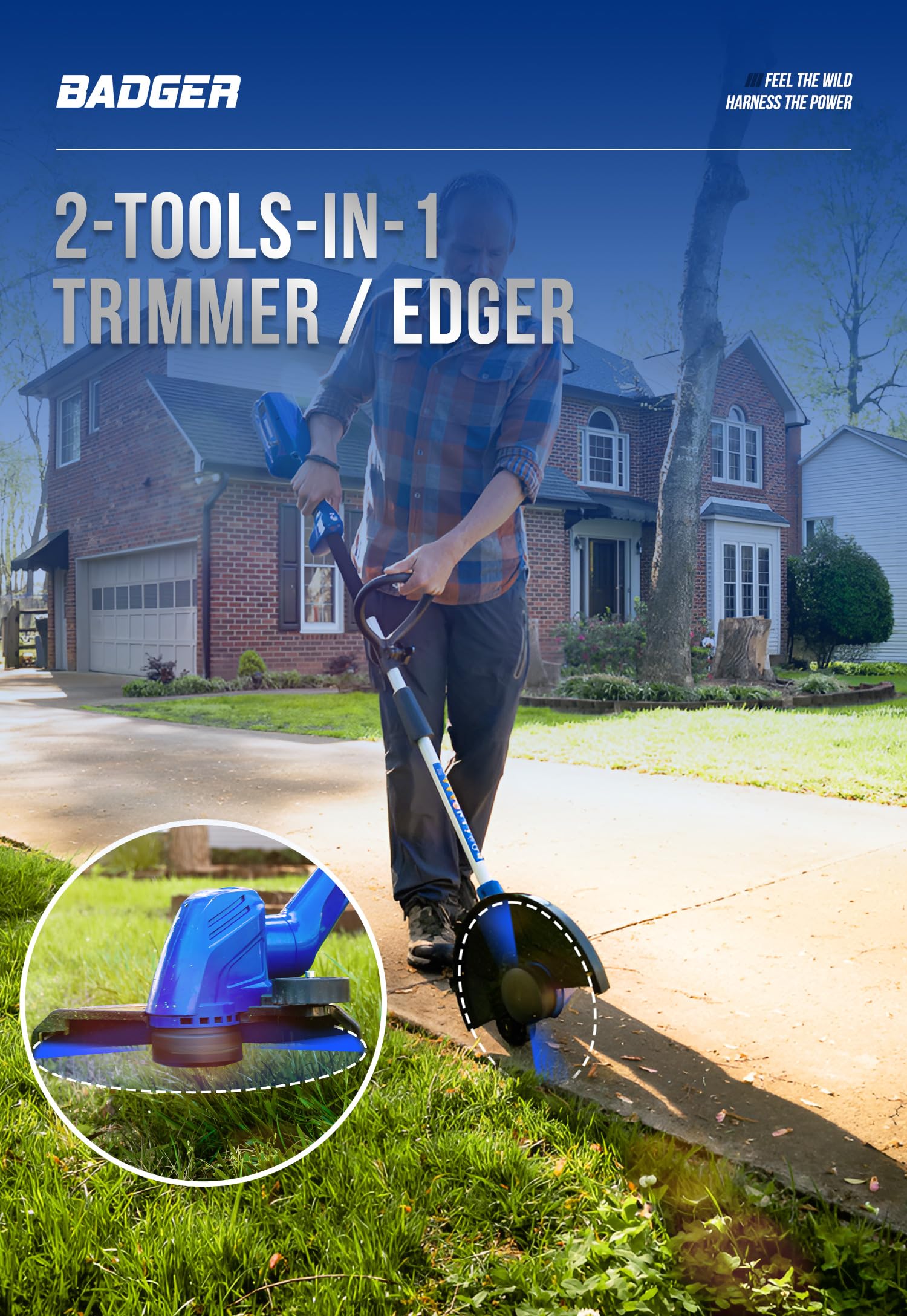 Wild Badger Power blower nozzle clearing leaves showing fast debris removal