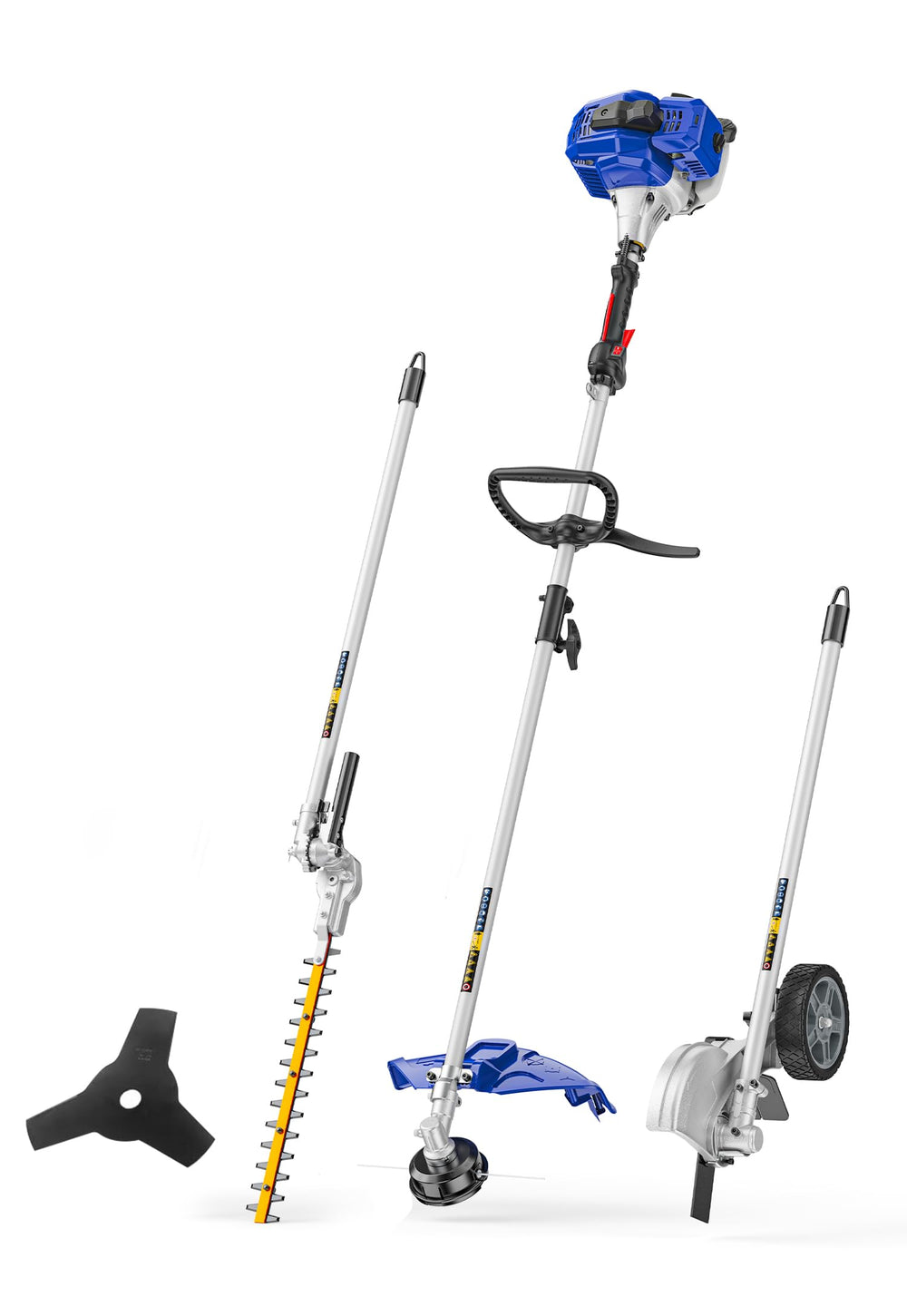 Wild Badger Power angled front view showing multi-tool kit and included attachments for versatile yardwork