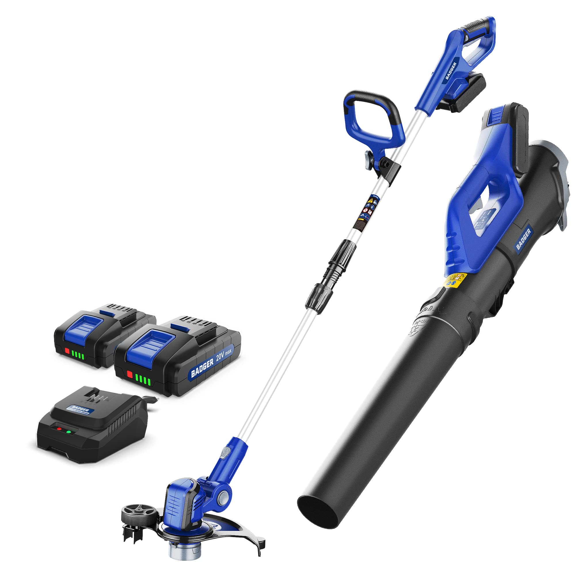 Wild Badger Power kit front view showing trimmer blower edger and batteries for convenience
