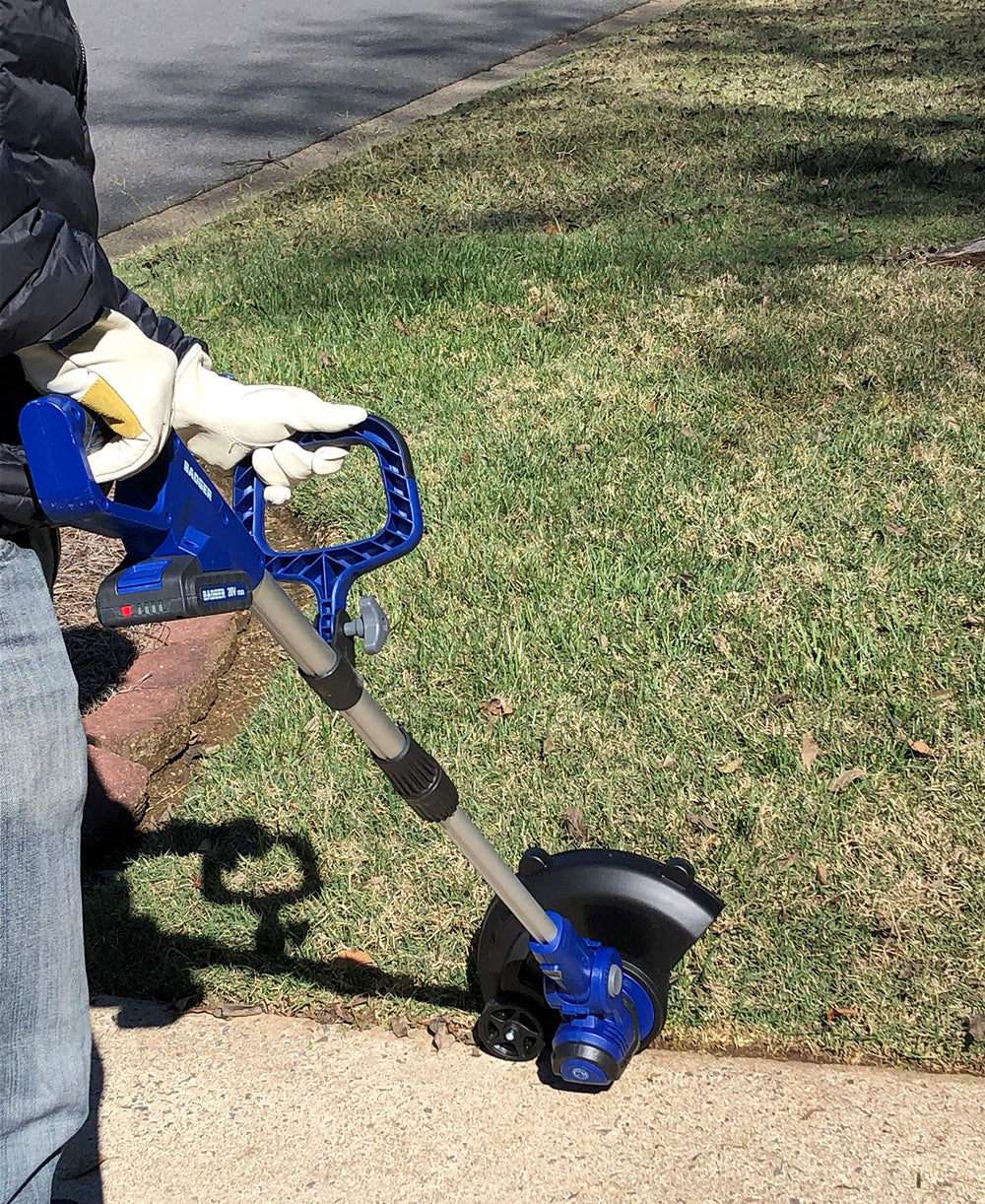 Wild Badger Power kit in a backyard lifestyle scene illustrating quiet cordless yard care