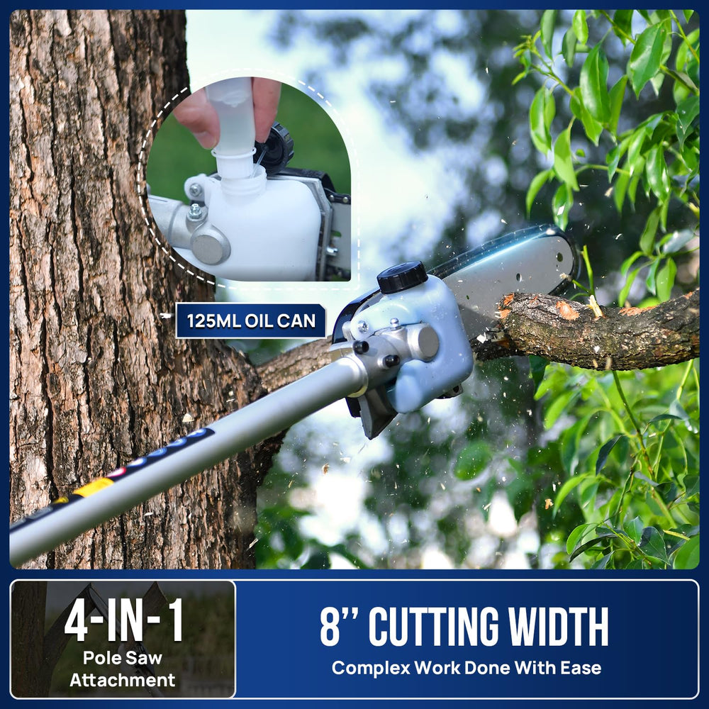 Wild Badger Power pole saw cutting a branch demonstrating safe pruning and reach advantage