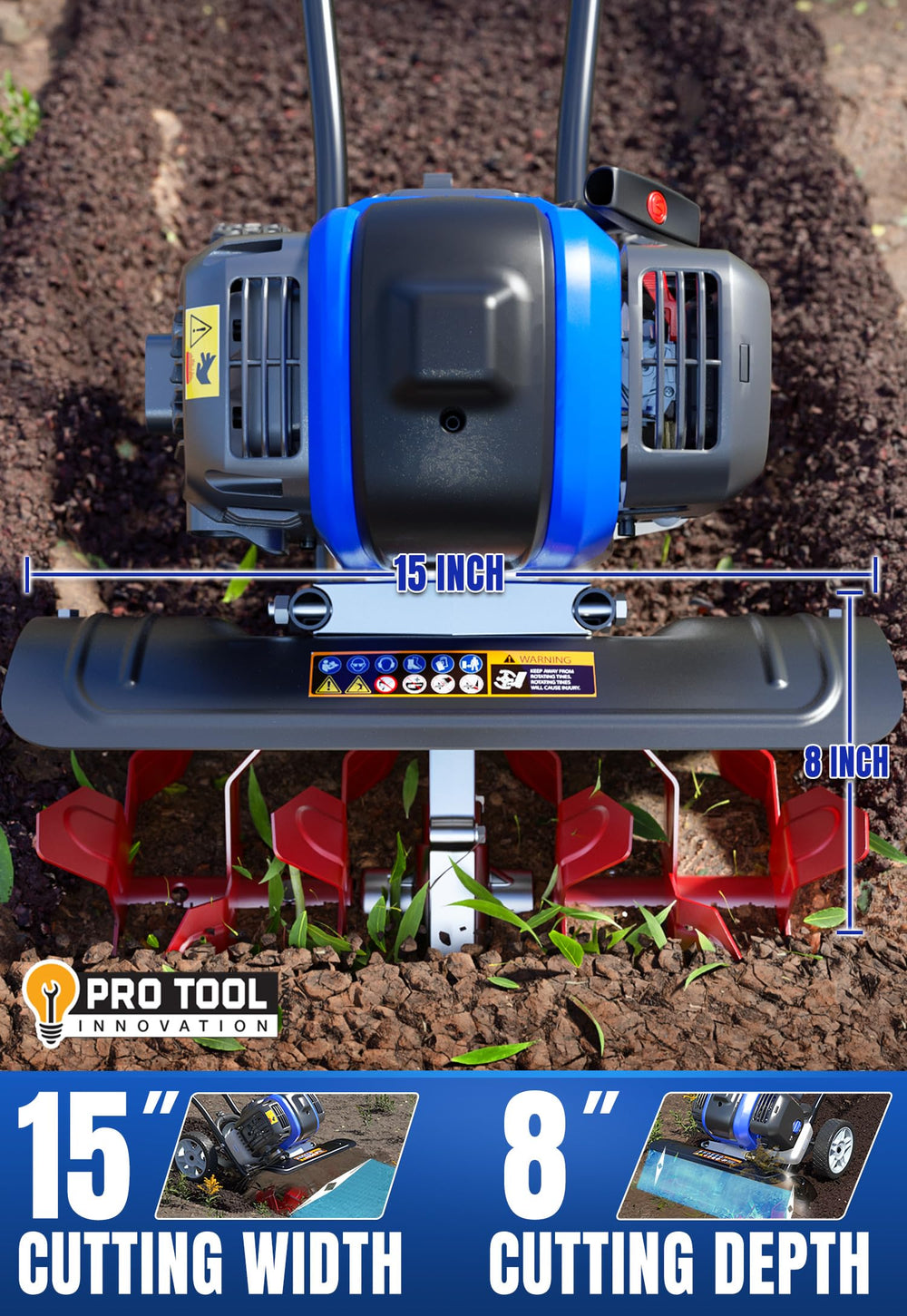 Wild Badger Power tines detail illustrating sturdy blades for efficient soil turnover