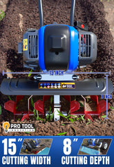 Wild Badger Power tines detail illustrating sturdy blades for efficient soil turnover