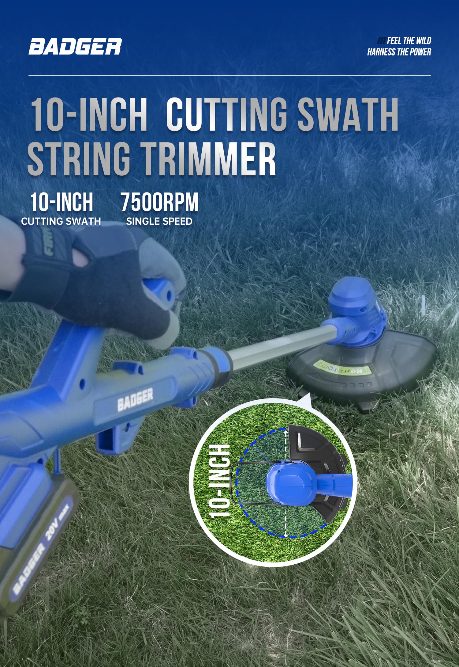 Wild Badger Power trimmer head closeup highlighting automatic line feed for uninterrupted cutting