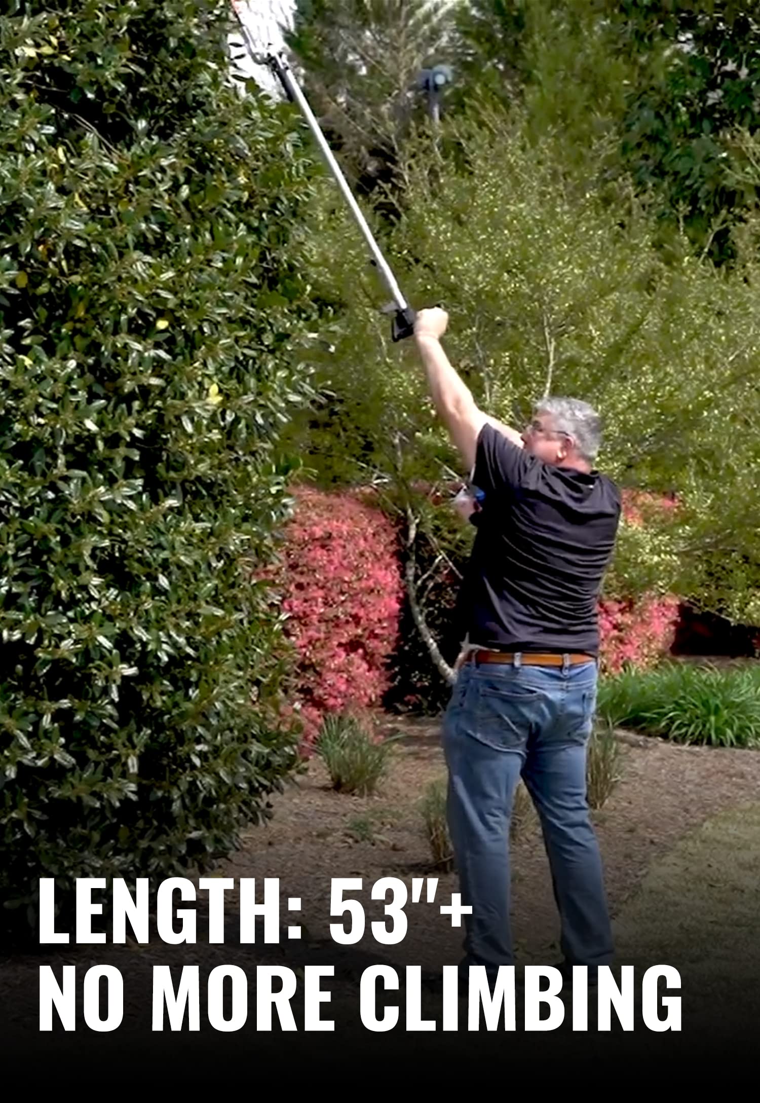 Wild Badger Power SUNSEEKER trimming a tall hedge demonstrating ladder-free work
