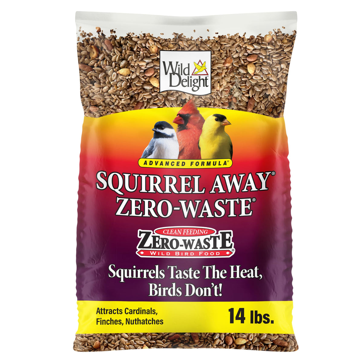Wild Delight empaque frontal Squirrel Away muestra 14 lb y beneficios anti-ardillas