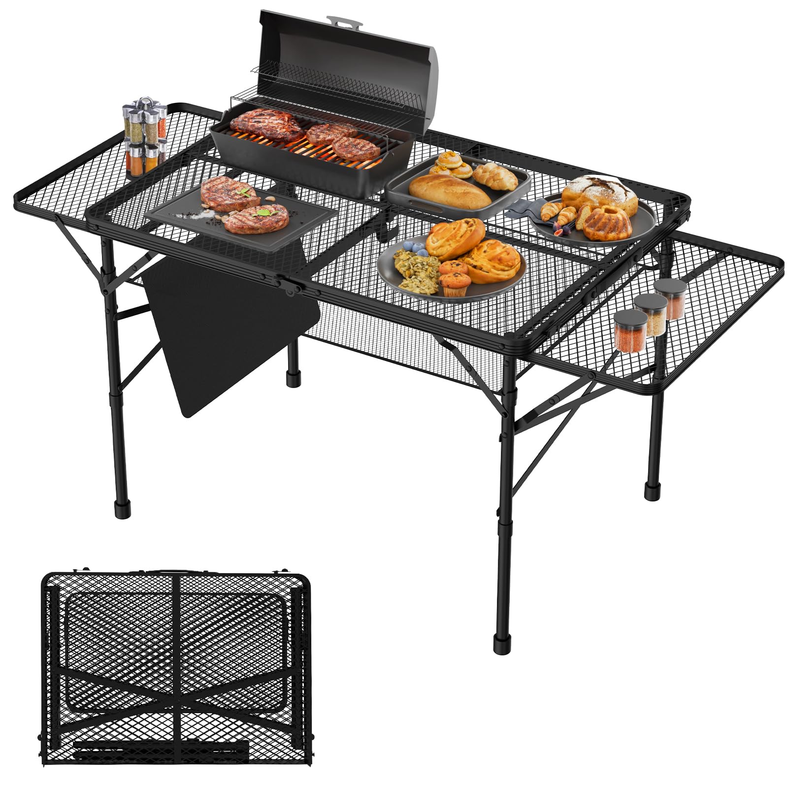 WildFinder folding table front view showing full tabletop and cup holders benefit stability