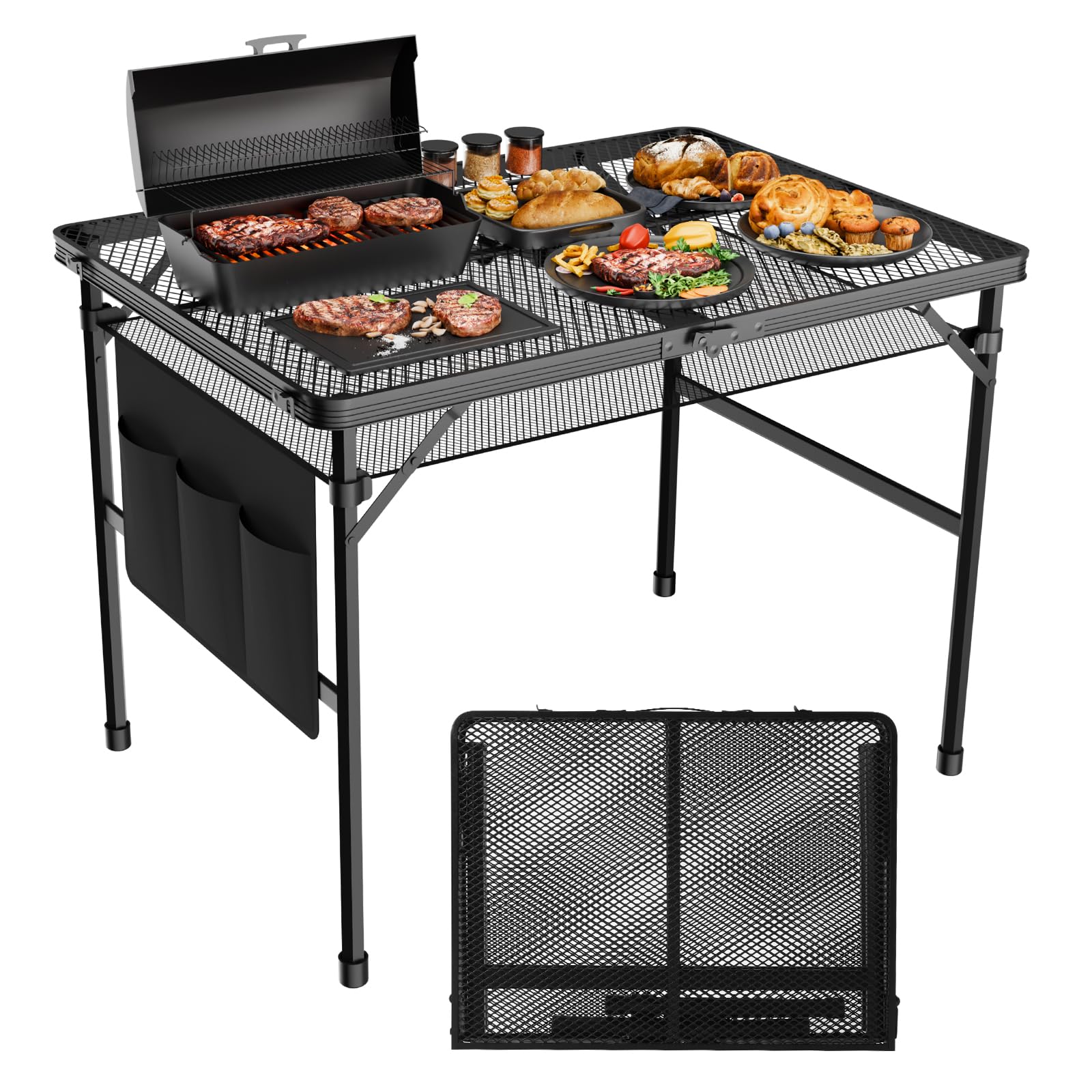 WildFinder front view of assembled grill table showing sturdy frame and tabletop benefit: durable surface
