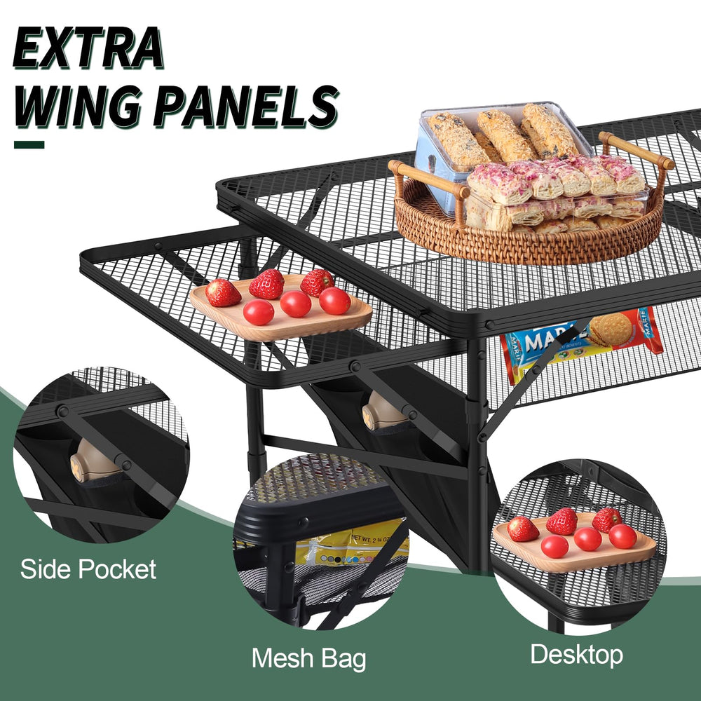 WildFinder table beside a camp grill showing heat-resistant surface for safe cooking