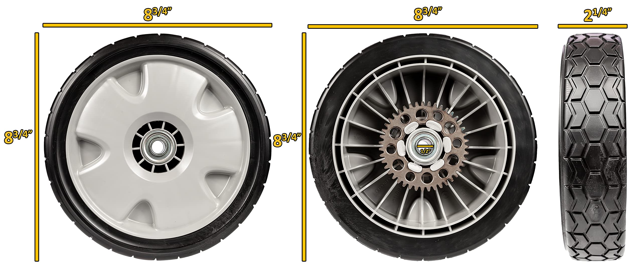 WILDFLOWER Tools wheel installed on Honda mower rear, improved traction demonstrated