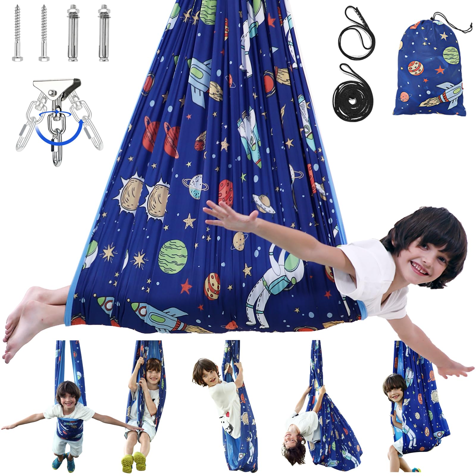 WILDKEN front view of sensory swing showcasing cartoon fabric and design benefit