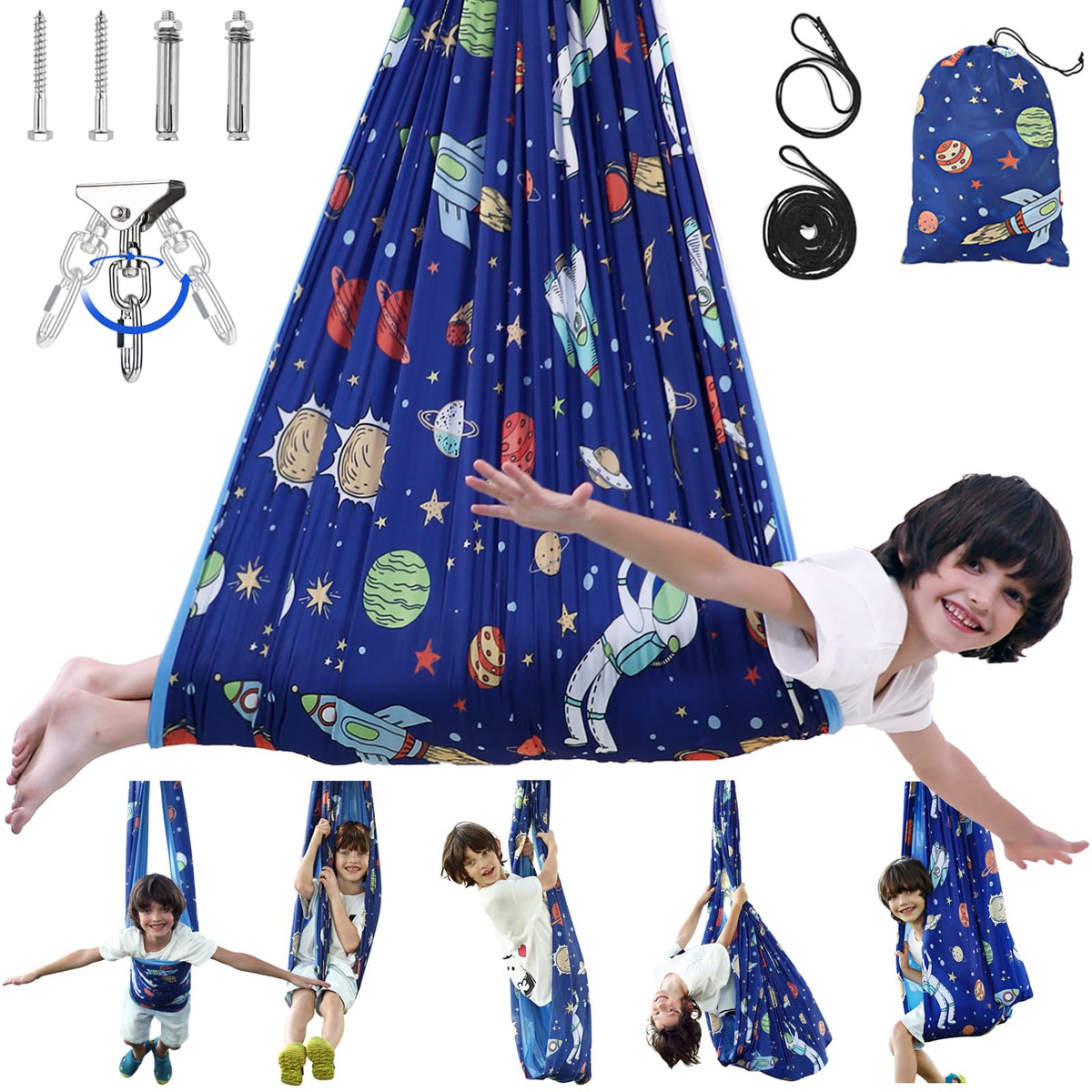 WILDKEN front view of sensory swing showcasing cartoon fabric and design benefit