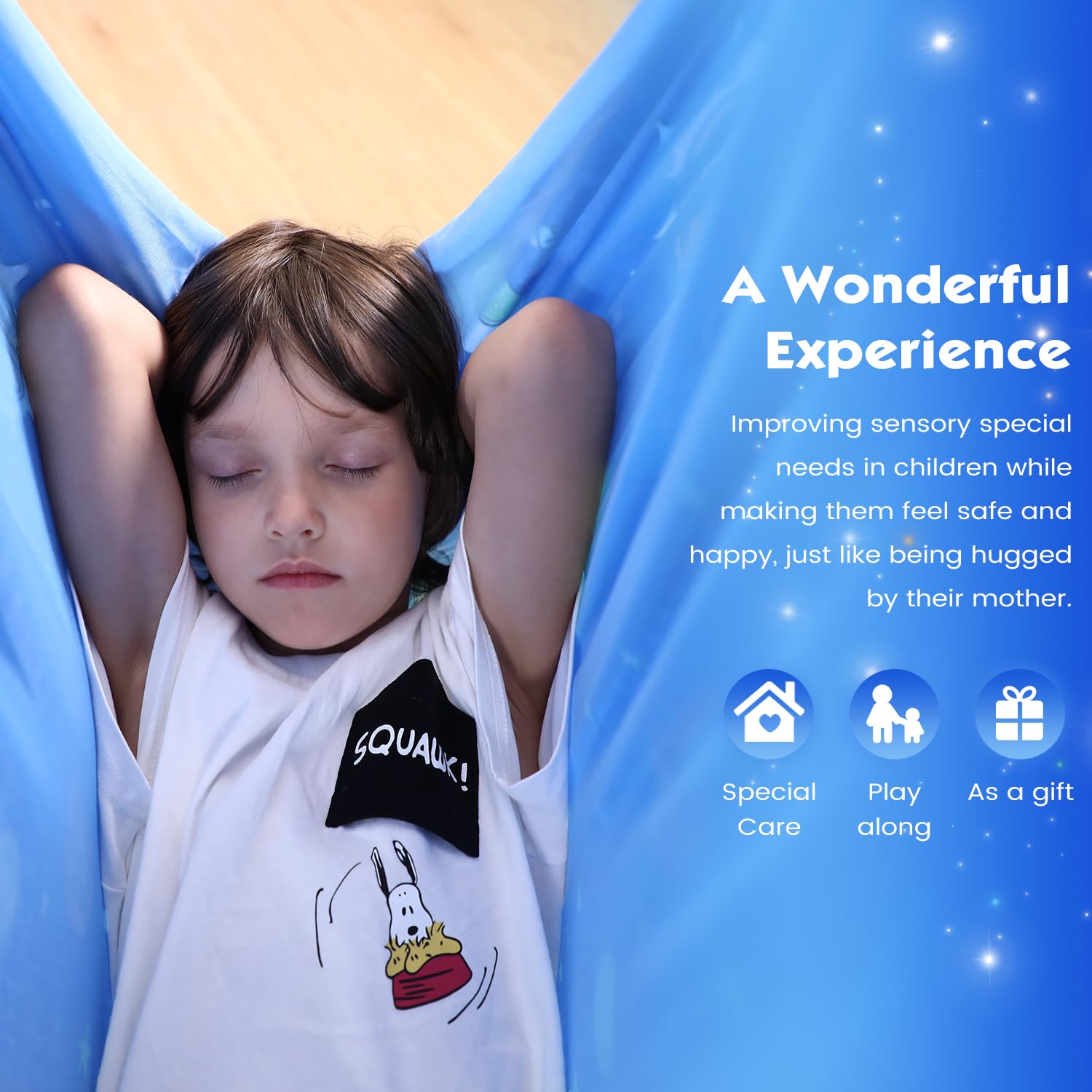 WILDKEN child cocooned in swing demonstrating snug comfort and relaxation benefit