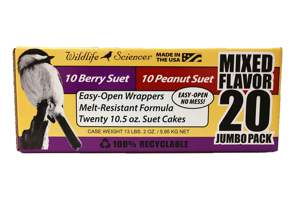 Wildlife Sciences front packaging showing mixed suet cakes and easy-open benefits