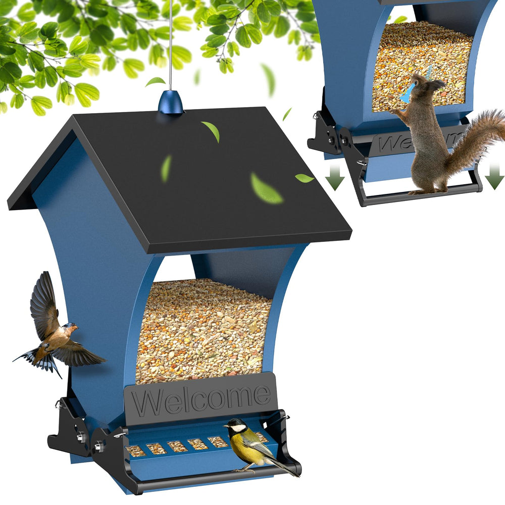 Wildpark front view of blue-orange feeder showing clear panels and feeding ports benefits bird visibility