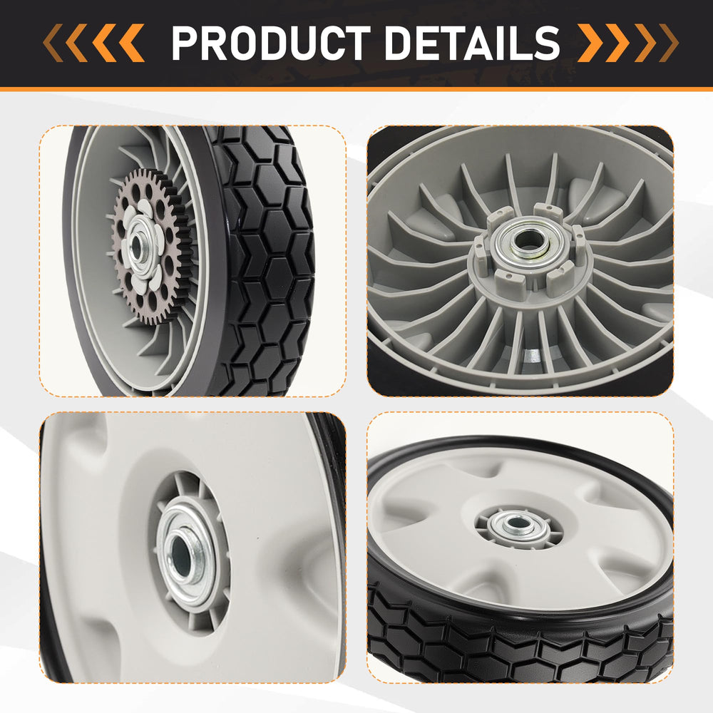 WILDSPUR rear wheel on mower in yard improving traction and smoother mowing