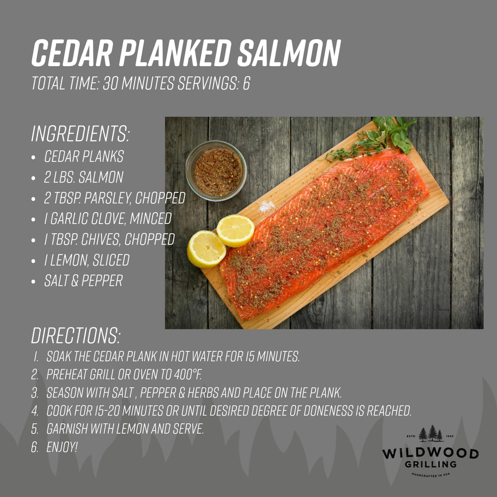 Wildwood Grilling plank with salmon on grill delivering even, moist cooking