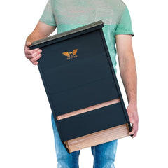 WildYard bat house front view showing three-chamber design and durable finish benefit: clear colony shelter