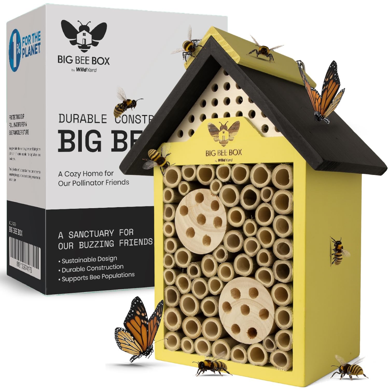 WildYard bee house front view showing tubes and shelter benefits pollinators