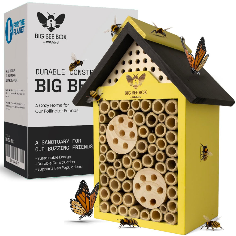 WildYard bee house front view showing tubes and shelter benefits pollinators