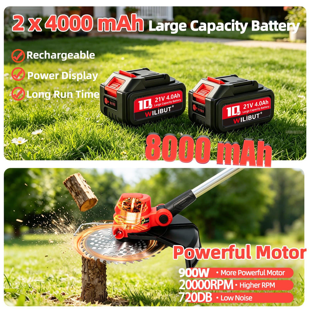 WILIBUT two 21V 4.0Ah batteries with charger for longer runtime and quick swap benefit