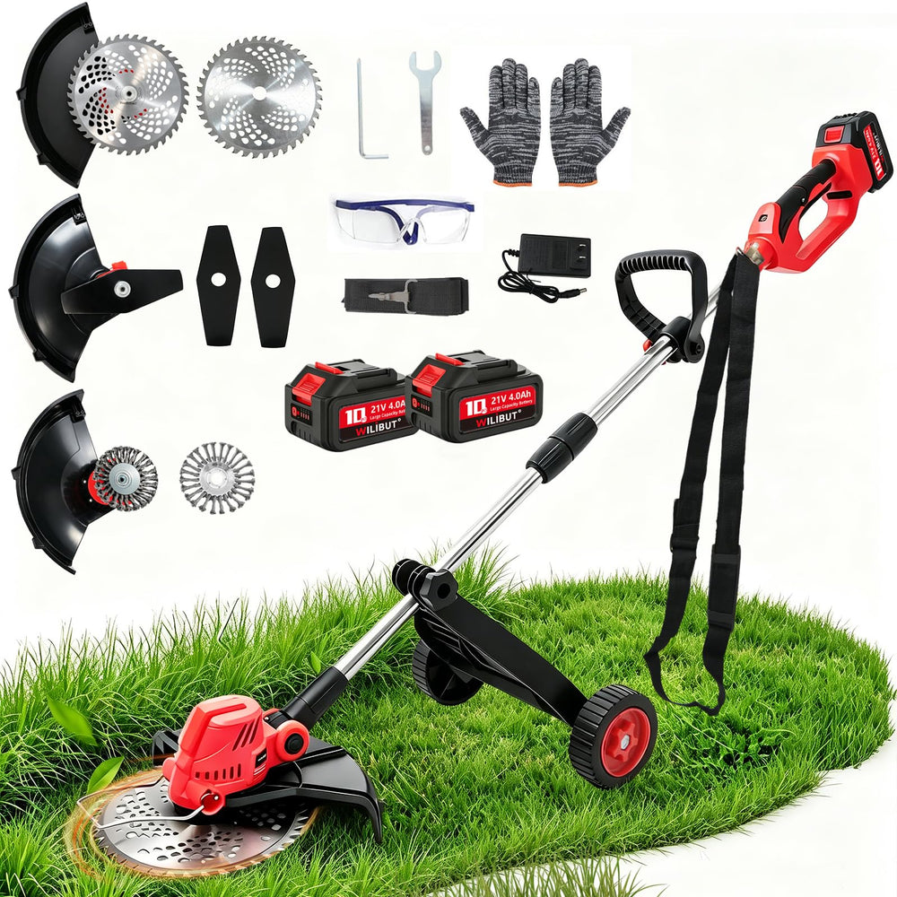 WILIBUT front view of cordless weed wacker showing ergonomic handle and wheel benefit