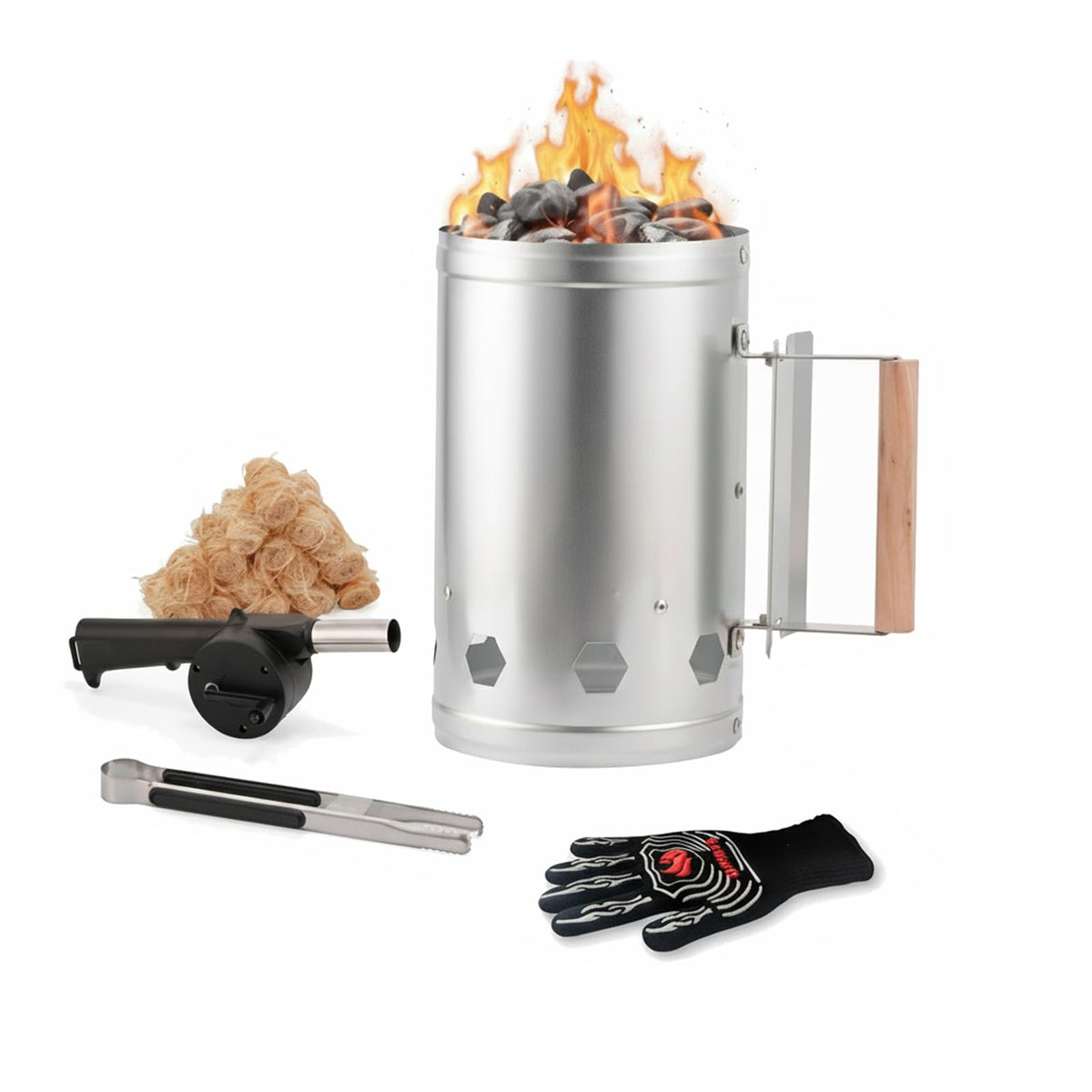 WILLBBQ chimney starter front view showing sturdy zinc steel and ergonomic handle for safer lifting