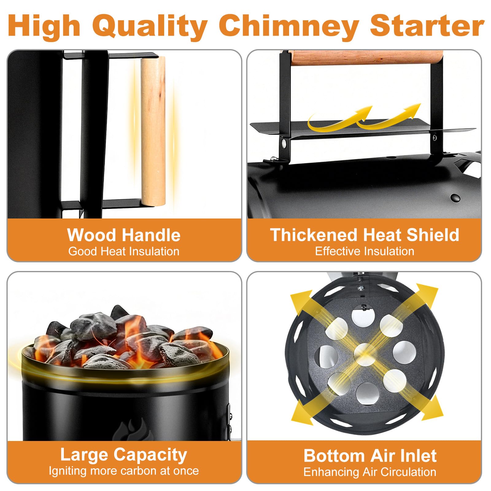 WILLBBQ chimney in use on charcoal grill producing even embers for faster cooking benefit