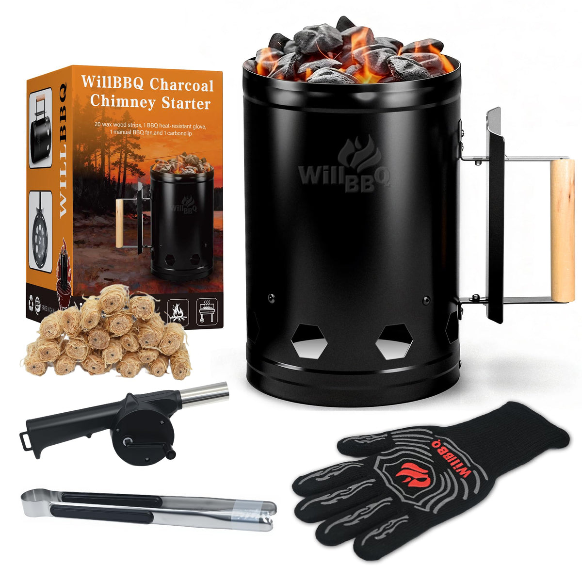 WILLBBQ front view of chimney starter set showing complete kit and quick setup benefit