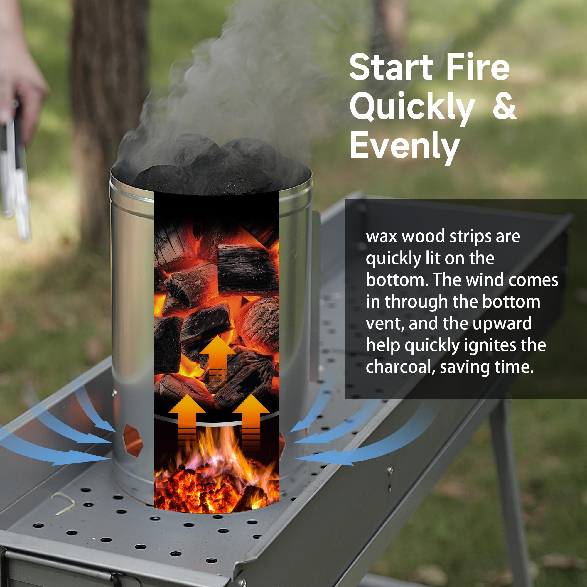 WILLBBQ heat-resistant glove and metal clip shown handling hot chimney safely during use