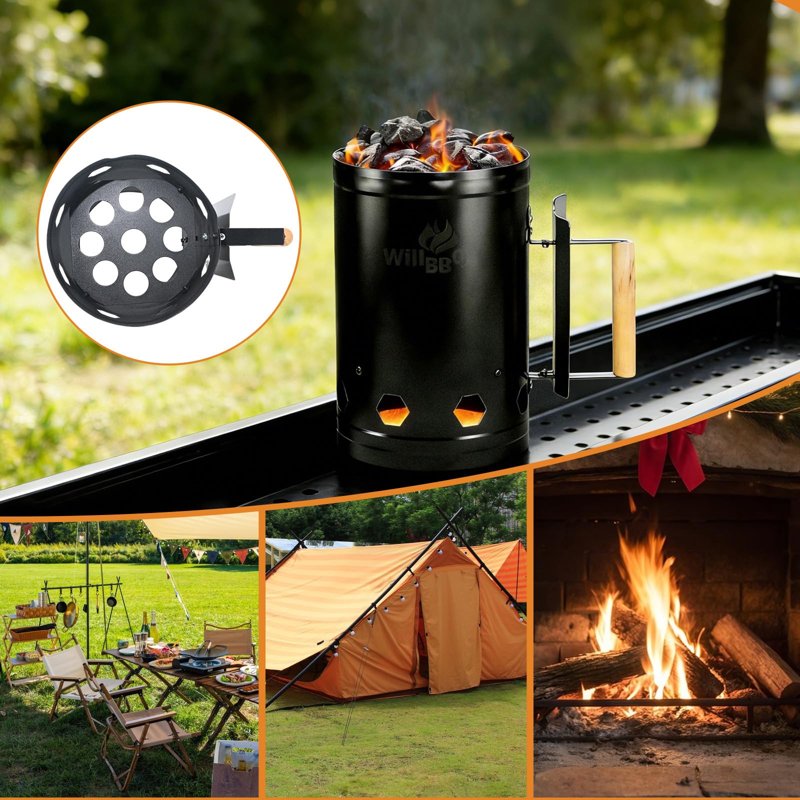 WILLBBQ chimney next to grill tools for size comparison and practical storage benefit