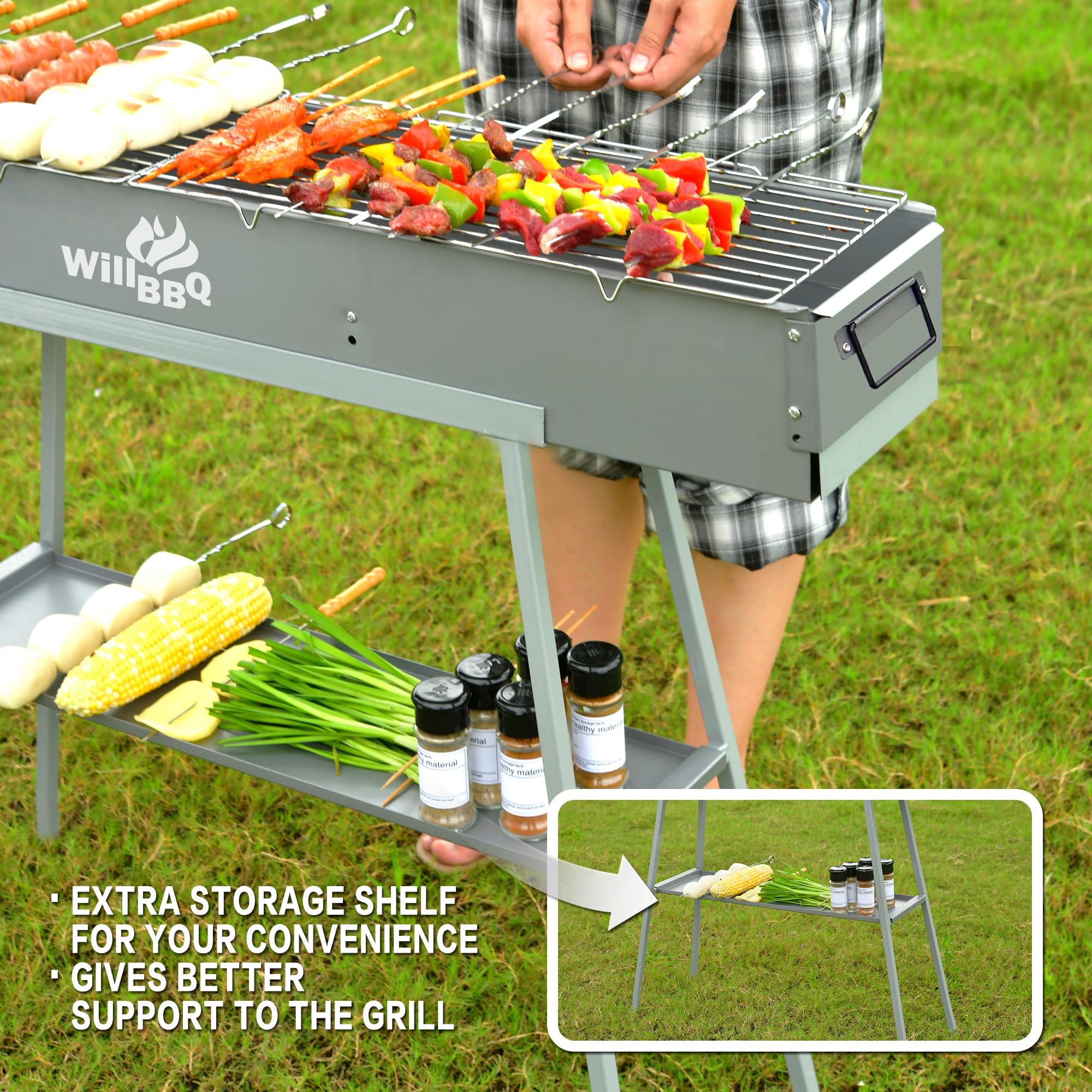 WILLBBQ next to chair showing size comparison benefit: compact footprint