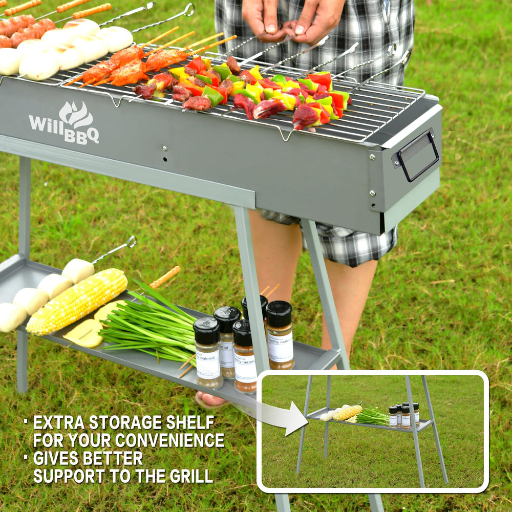 WILLBBQ next to chair showing size comparison benefit: compact footprint